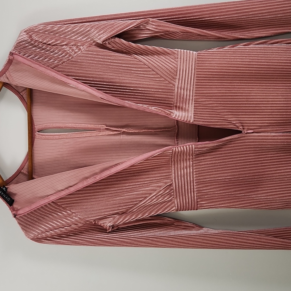Dynamite Pink Ribbed Velvet Midi Dress – Long Sleeve Bodycon - Picture 8 of 15